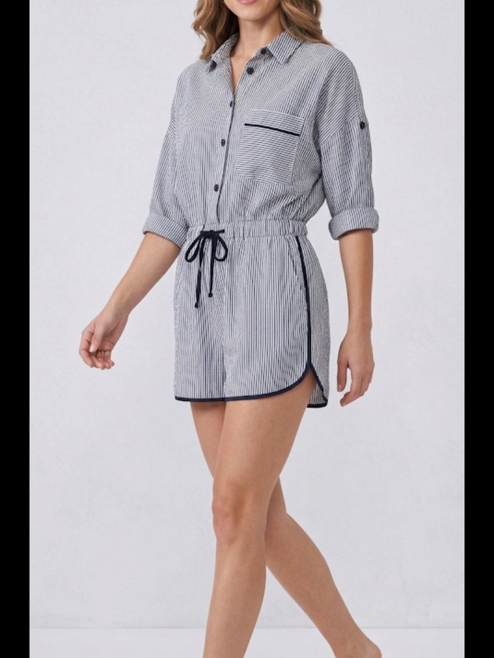 Zara Blue & White Striped Romper Drawstring Waist Pockets Sz M